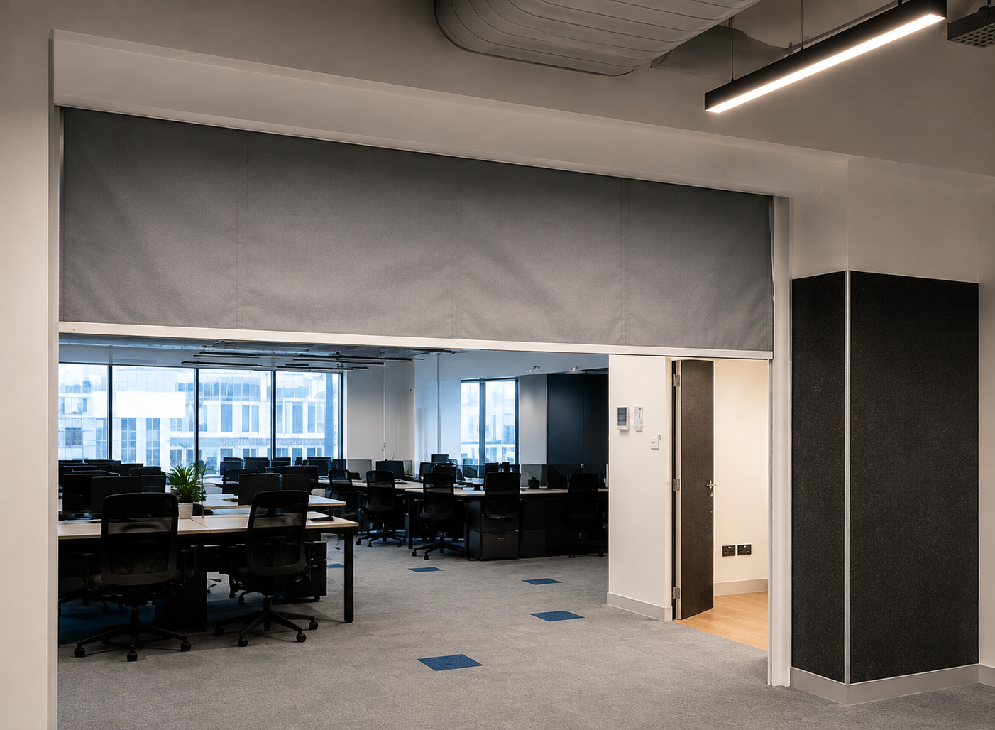 Fire curtain, alarm and evacuation protection for commercial towers and offices