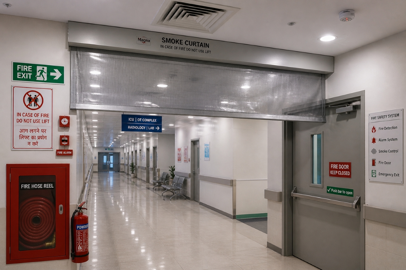 Fire door and alarm protection for hospital corridor and hotel lobby