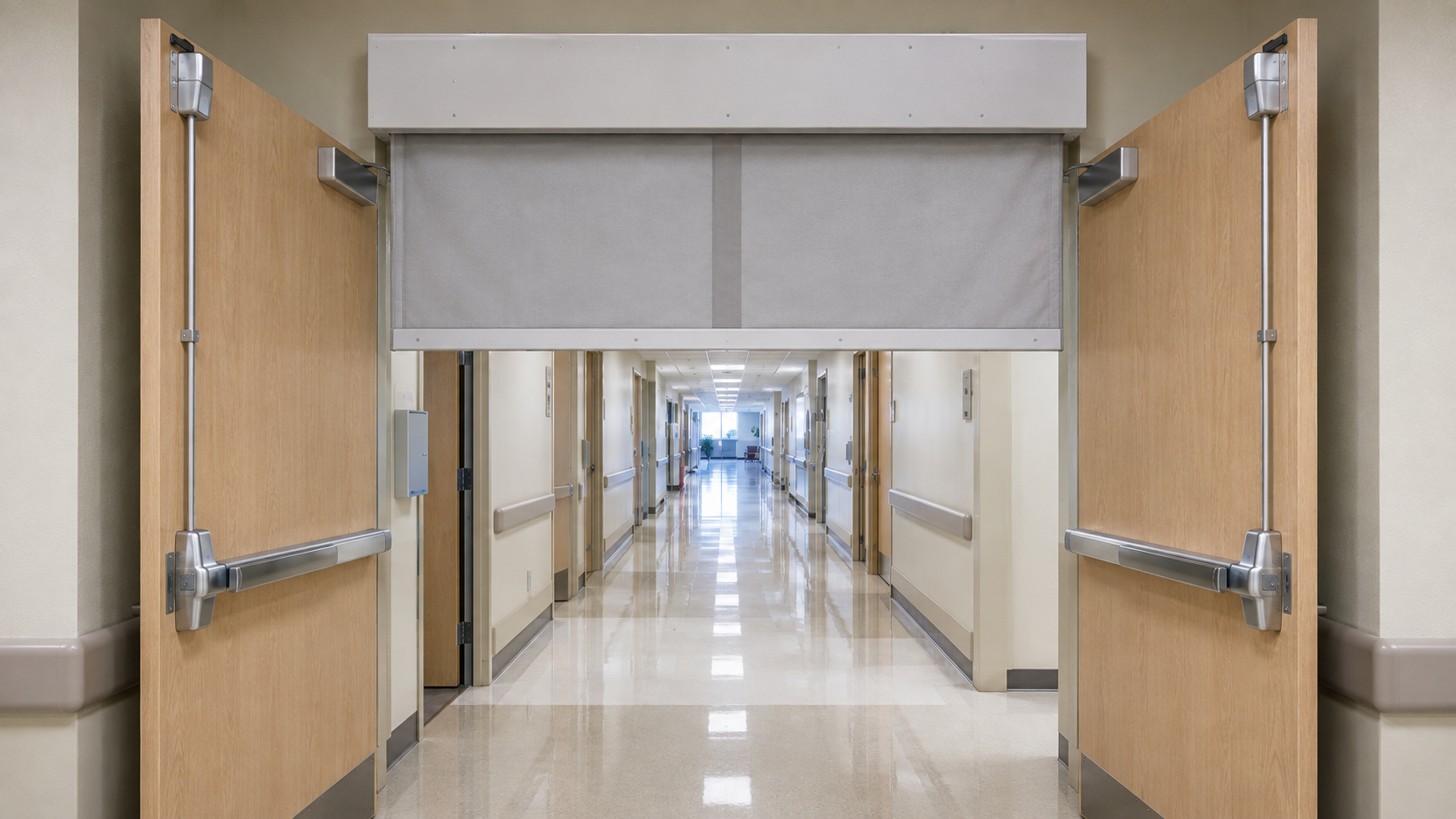Fire door and alarm protection for hospital corridor and hotel lobby