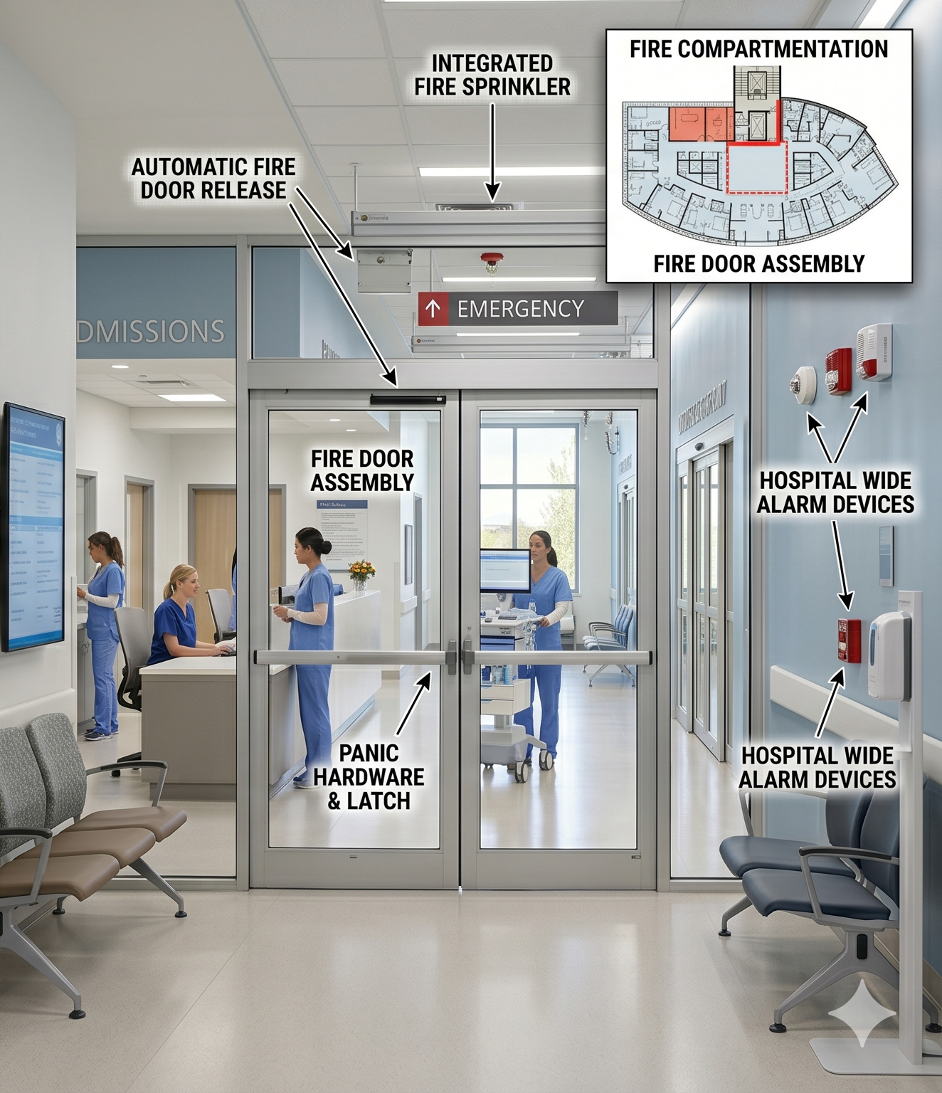 Fire door and alarm protection for hospital corridor and hotel lobby