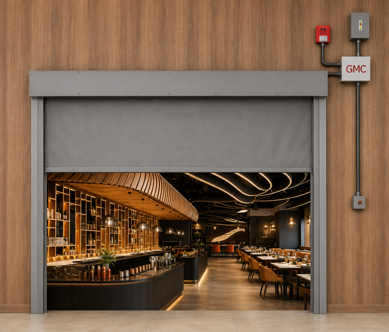 Fire door and alarm protection for hospital corridor and hotel lobby