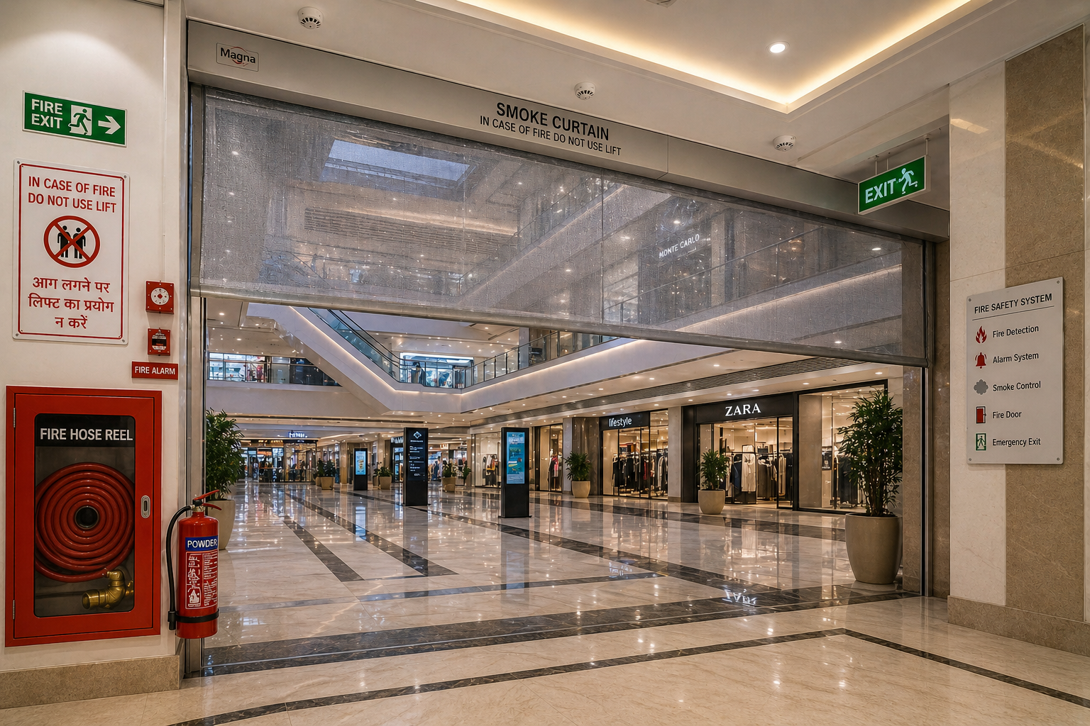 Fire curtain system for shopping mall atrium and commercial lobby