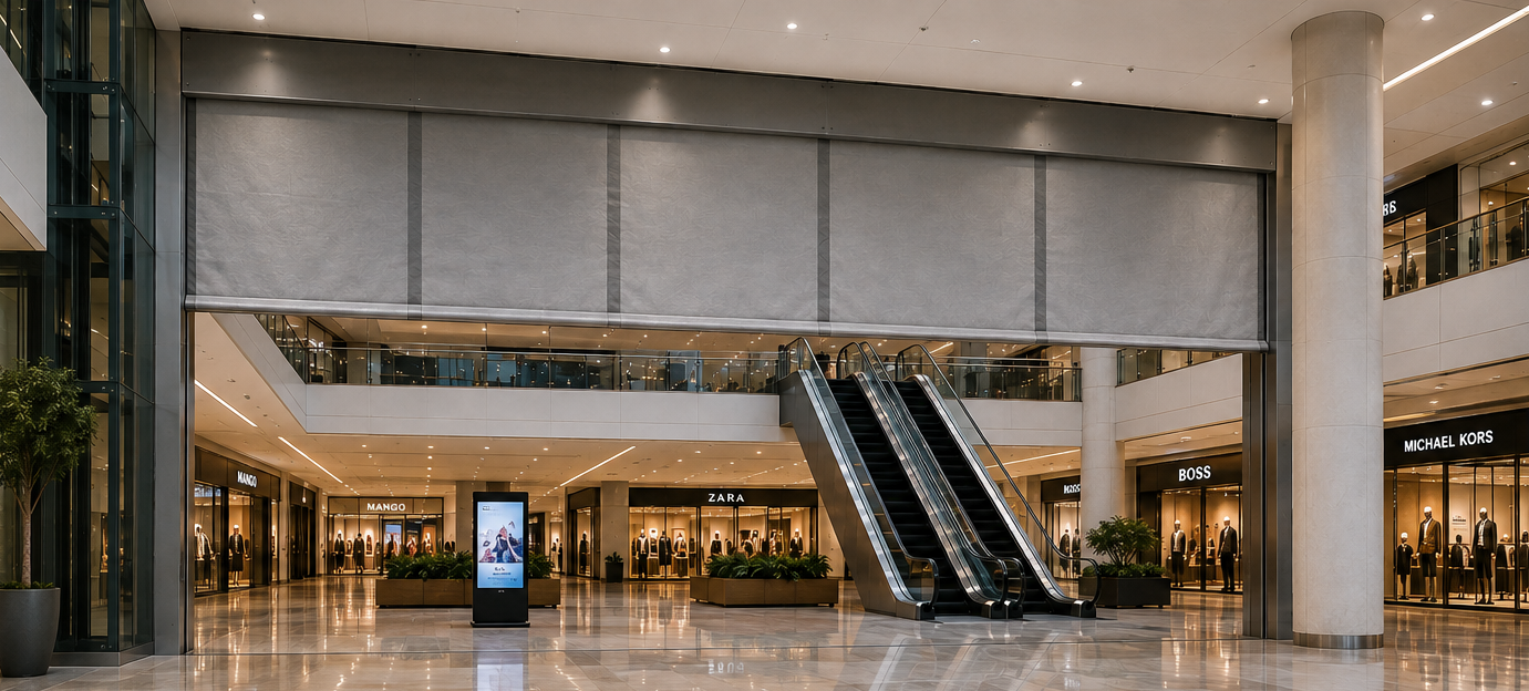 Fire curtain system for shopping mall atrium and commercial lobby